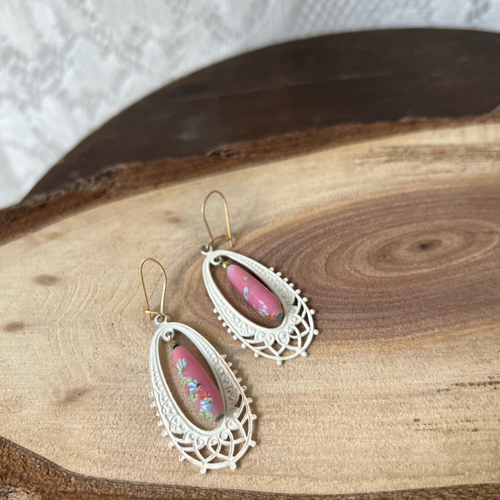 Vintage Hand-Painted Pink Floral Filigree Earrings - Picture 10 of 11